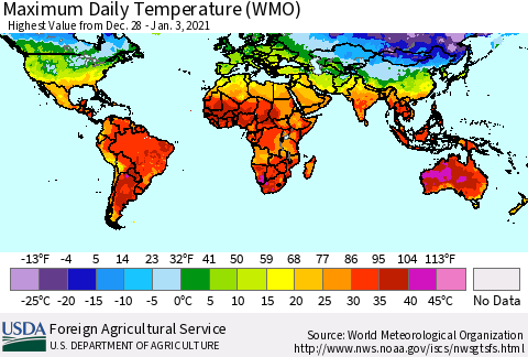 World Maximum Daily Temperature (WMO) Thematic Map For 12/28/2020 - 1/3/2021