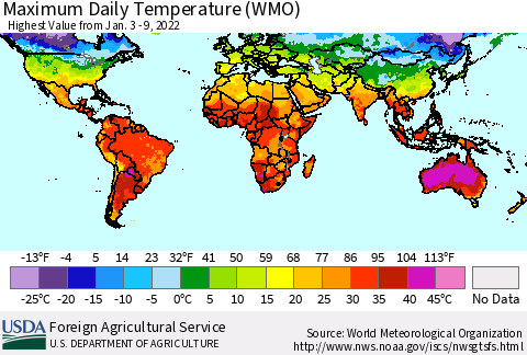 World Maximum Daily Temperature (WMO) Thematic Map For 1/3/2022 - 1/9/2022