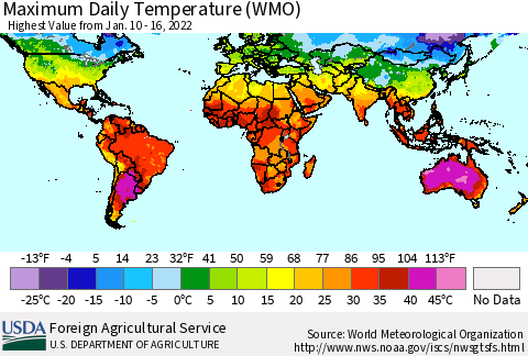 World Maximum Daily Temperature (WMO) Thematic Map For 1/10/2022 - 1/16/2022