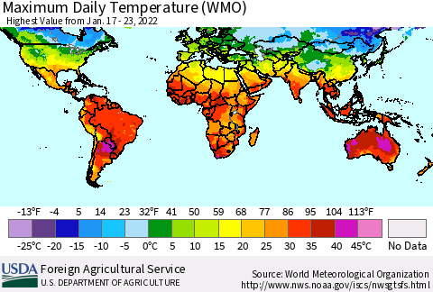 World Maximum Daily Temperature (WMO) Thematic Map For 1/17/2022 - 1/23/2022