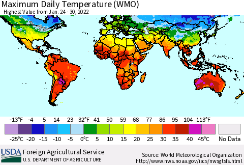 World Maximum Daily Temperature (WMO) Thematic Map For 1/24/2022 - 1/30/2022