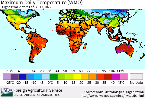 World Maximum Daily Temperature (WMO) Thematic Map For 2/7/2022 - 2/13/2022