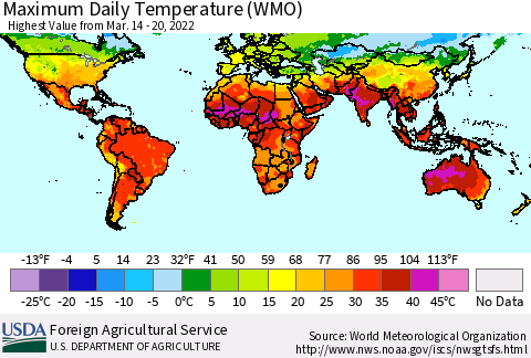 World Maximum Daily Temperature (WMO) Thematic Map For 3/14/2022 - 3/20/2022