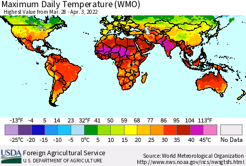 World Maximum Daily Temperature (WMO) Thematic Map For 3/28/2022 - 4/3/2022
