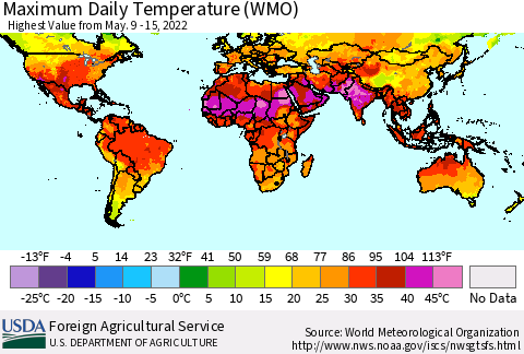 World Maximum Daily Temperature (WMO) Thematic Map For 5/9/2022 - 5/15/2022