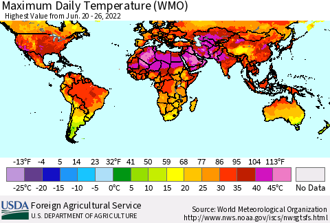 World Maximum Daily Temperature (WMO) Thematic Map For 6/20/2022 - 6/26/2022