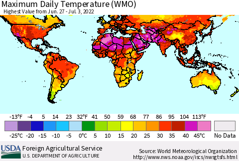 World Maximum Daily Temperature (WMO) Thematic Map For 6/27/2022 - 7/3/2022