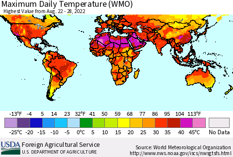 World Maximum Daily Temperature (WMO) Thematic Map For 8/22/2022 - 8/28/2022