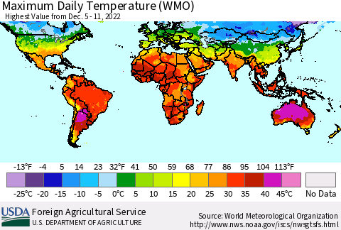 World Maximum Daily Temperature (WMO) Thematic Map For 12/5/2022 - 12/11/2022