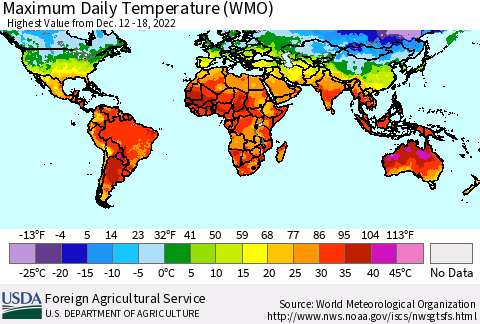 World Maximum Daily Temperature (WMO) Thematic Map For 12/12/2022 - 12/18/2022
