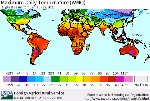 World Maximum Daily Temperature (WMO) Thematic Map For 1/16/2023 - 1/22/2023