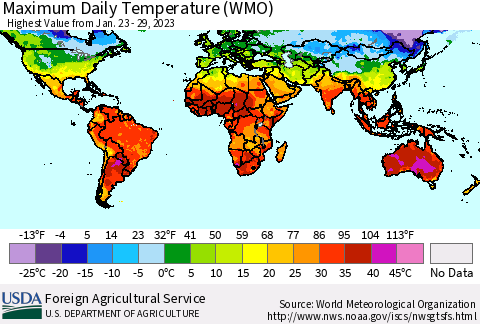 World Maximum Daily Temperature (WMO) Thematic Map For 1/23/2023 - 1/29/2023