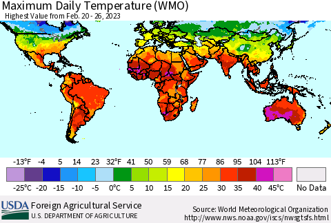 World Maximum Daily Temperature (WMO) Thematic Map For 2/20/2023 - 2/26/2023