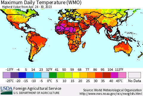 World Maximum Daily Temperature (WMO) Thematic Map For 4/24/2023 - 4/30/2023