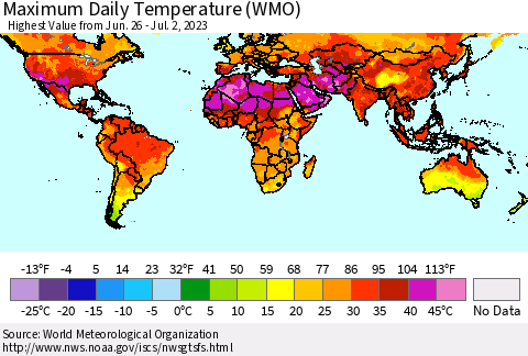 World Maximum Daily Temperature (WMO) Thematic Map For 6/26/2023 - 7/2/2023
