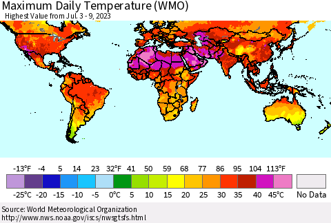 World Maximum Daily Temperature (WMO) Thematic Map For 7/3/2023 - 7/9/2023