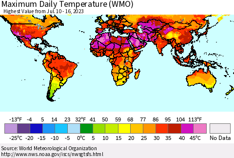 World Maximum Daily Temperature (WMO) Thematic Map For 7/10/2023 - 7/16/2023