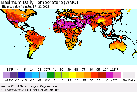 World Maximum Daily Temperature (WMO) Thematic Map For 7/17/2023 - 7/23/2023