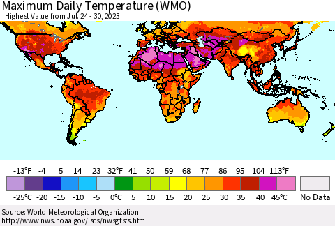 World Maximum Daily Temperature (WMO) Thematic Map For 7/24/2023 - 7/30/2023