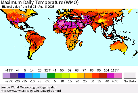 World Maximum Daily Temperature (WMO) Thematic Map For 7/31/2023 - 8/6/2023