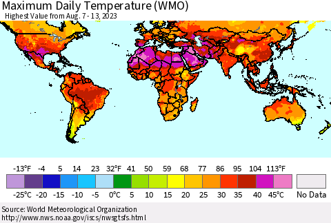 World Maximum Daily Temperature (WMO) Thematic Map For 8/7/2023 - 8/13/2023