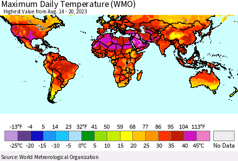 World Maximum Daily Temperature (WMO) Thematic Map For 8/14/2023 - 8/20/2023
