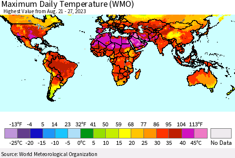 World Maximum Daily Temperature (WMO) Thematic Map For 8/21/2023 - 8/27/2023