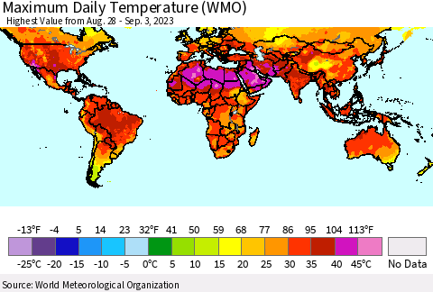 World Maximum Daily Temperature (WMO) Thematic Map For 8/28/2023 - 9/3/2023