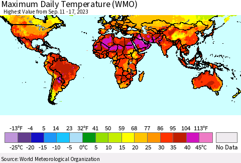 World Maximum Daily Temperature (WMO) Thematic Map For 9/11/2023 - 9/17/2023