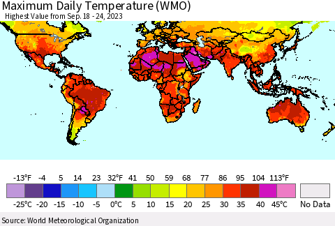 World Maximum Daily Temperature (WMO) Thematic Map For 9/18/2023 - 9/24/2023