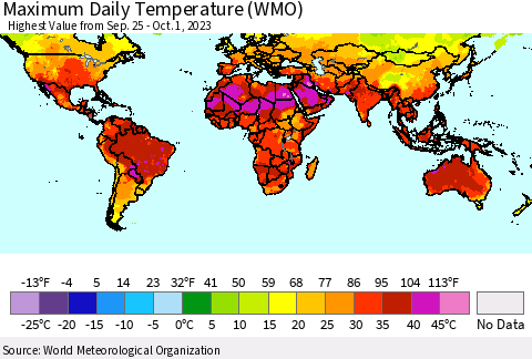 World Maximum Daily Temperature (WMO) Thematic Map For 9/25/2023 - 10/1/2023