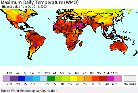 World Maximum Daily Temperature (WMO) Thematic Map For 10/2/2023 - 10/8/2023