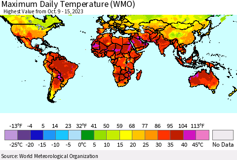 World Maximum Daily Temperature (WMO) Thematic Map For 10/9/2023 - 10/15/2023