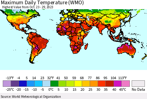World Maximum Daily Temperature (WMO) Thematic Map For 10/23/2023 - 10/29/2023