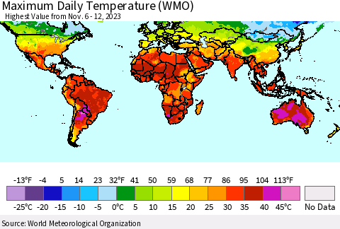 World Maximum Daily Temperature (WMO) Thematic Map For 11/6/2023 - 11/12/2023