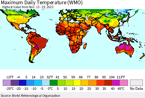 World Maximum Daily Temperature (WMO) Thematic Map For 11/13/2023 - 11/19/2023