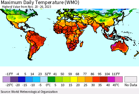 World Maximum Daily Temperature (WMO) Thematic Map For 11/20/2023 - 11/26/2023