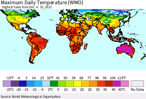 World Maximum Daily Temperature (WMO) Thematic Map For 12/4/2023 - 12/10/2023