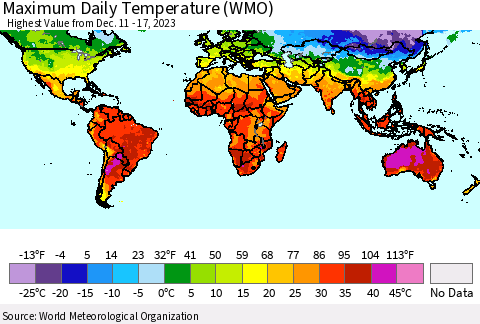 World Maximum Daily Temperature (WMO) Thematic Map For 12/11/2023 - 12/17/2023