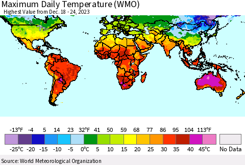 World Maximum Daily Temperature (WMO) Thematic Map For 12/18/2023 - 12/24/2023