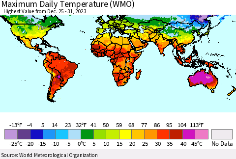 World Maximum Daily Temperature (WMO) Thematic Map For 12/25/2023 - 12/31/2023