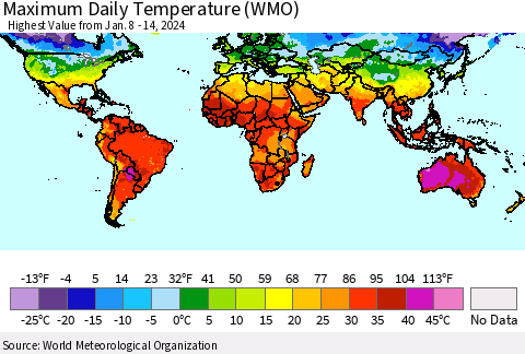 World Maximum Daily Temperature (WMO) Thematic Map For 1/8/2024 - 1/14/2024