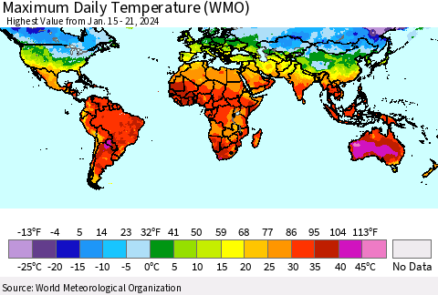 World Maximum Daily Temperature (WMO) Thematic Map For 1/15/2024 - 1/21/2024