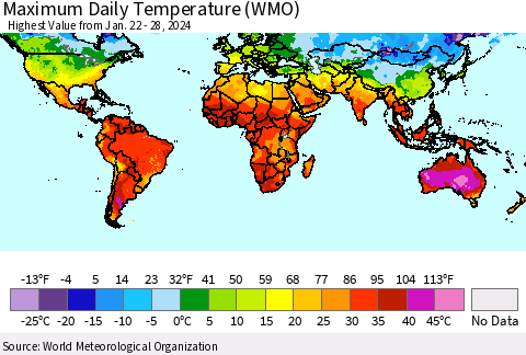 World Maximum Daily Temperature (WMO) Thematic Map For 1/22/2024 - 1/28/2024