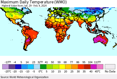 World Maximum Daily Temperature (WMO) Thematic Map For 1/29/2024 - 2/4/2024