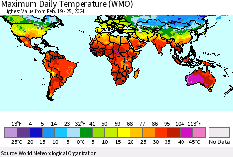 World Maximum Daily Temperature (WMO) Thematic Map For 2/19/2024 - 2/25/2024