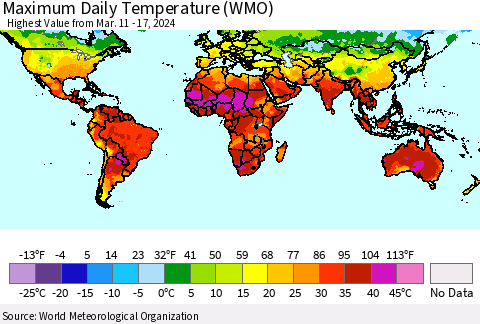 World Maximum Daily Temperature (WMO) Thematic Map For 3/11/2024 - 3/17/2024