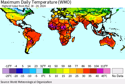 World Maximum Daily Temperature (WMO) Thematic Map For 3/18/2024 - 3/24/2024