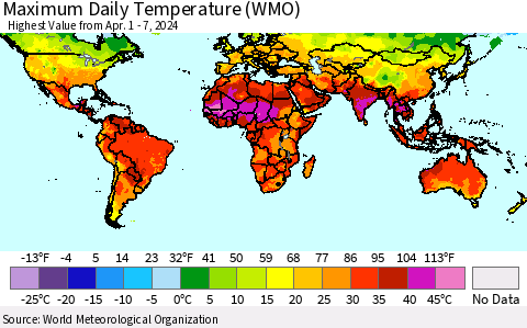 World Maximum Daily Temperature (WMO) Thematic Map For 4/1/2024 - 4/7/2024