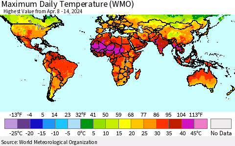 World Maximum Daily Temperature (WMO) Thematic Map For 4/8/2024 - 4/14/2024